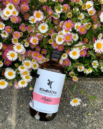 pukka bhu kombucha against flowers