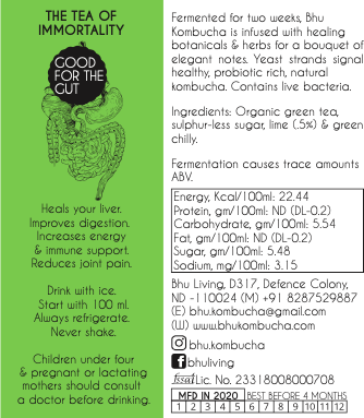 nutrional info and back of label for bhu kombucha, electric